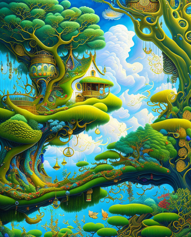 Fantastical landscape with whimsical trees and golden house in surreal setting