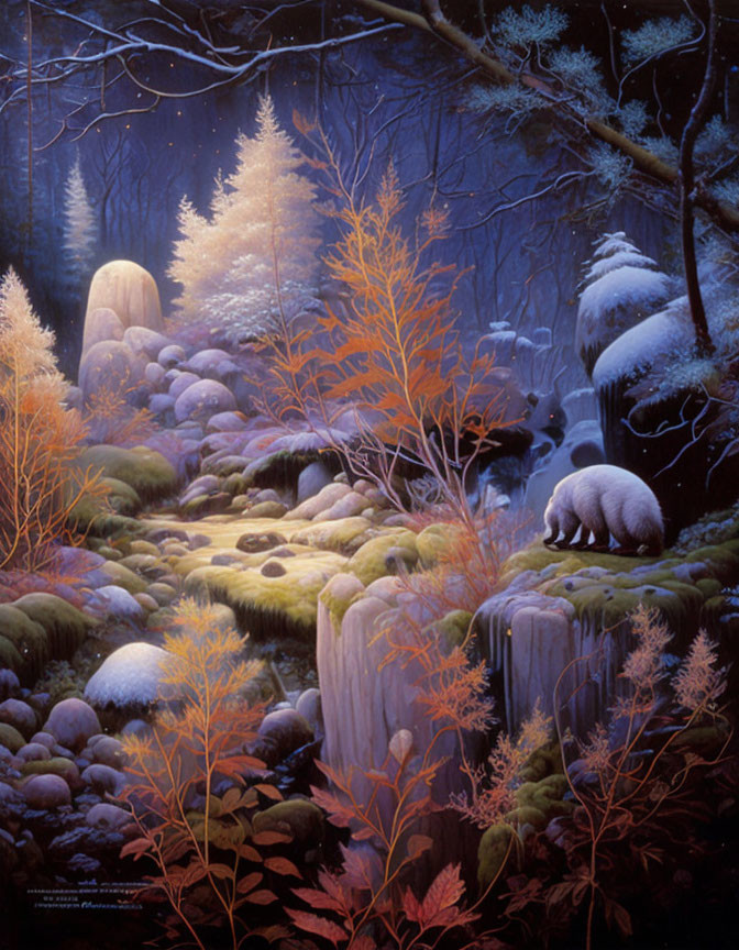 Tranquil forest with orange foliage, mossy stones, bear by stream at twilight