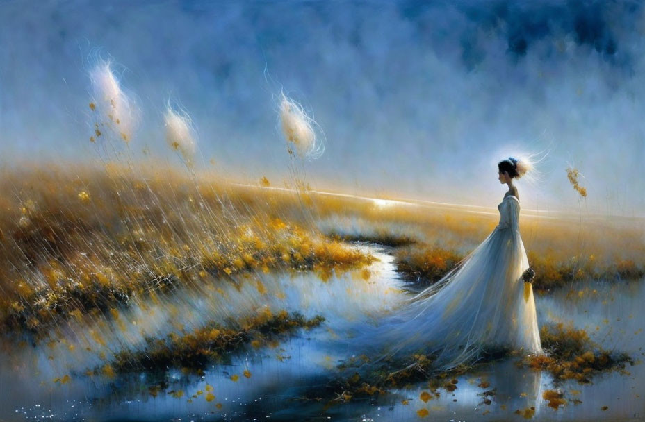 Woman in white gown in surreal landscape with ethereal lights