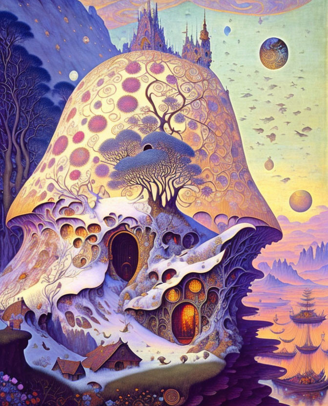 Fantastical painting of large mushroom house in whimsical setting