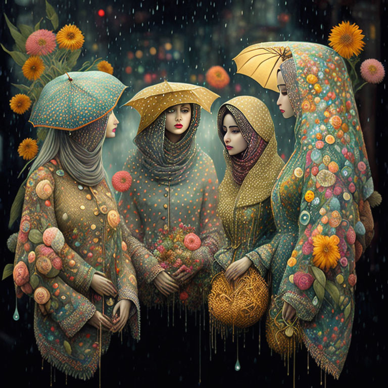 Four women in floral outfits and umbrellas under rain in dark bokeh background