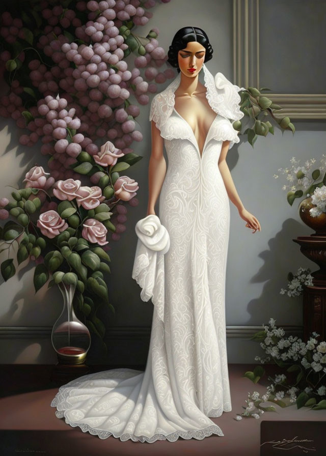 Elegant woman in white gown with hat next to flowers and grapes