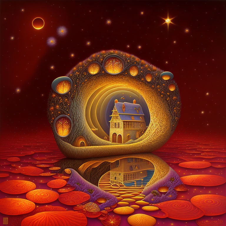 Circular surreal landscape with castle, orbs, and red reflective surface