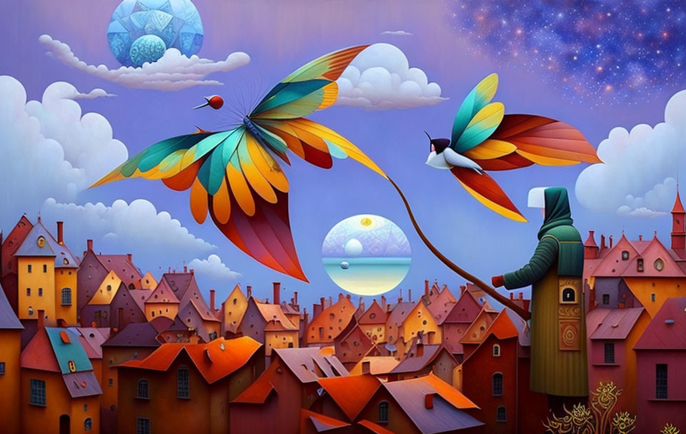 Colorful whimsical painting: Town with orange roofs, flying birds, celestial bodies