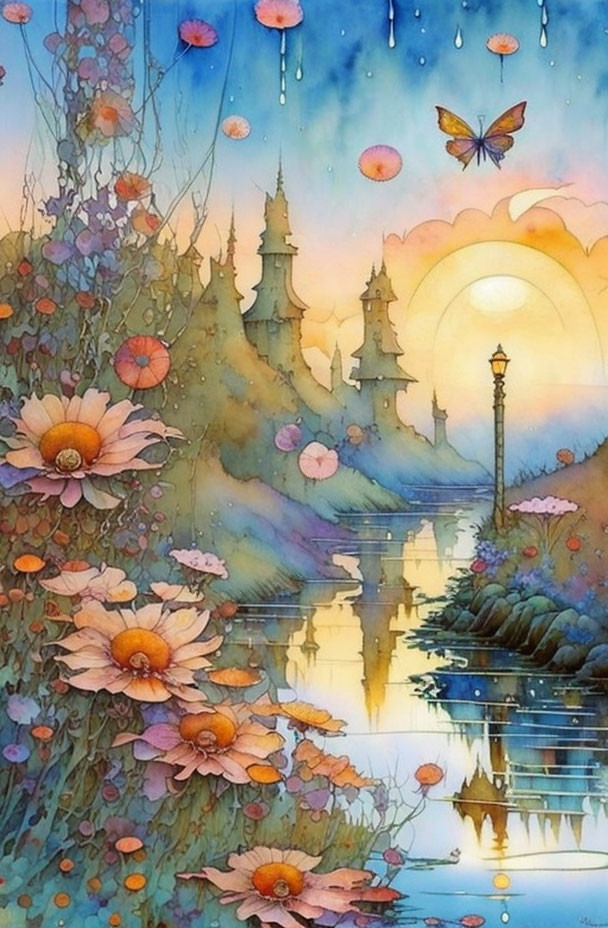 Sunset watercolor painting with castles, flowers, butterfly, and reflections