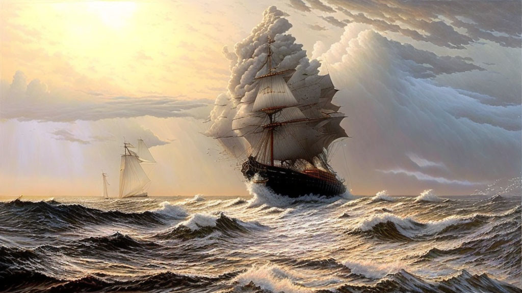 Tall Ships Sailing in Rough Seas with Sun Rays and Dramatic Clouds