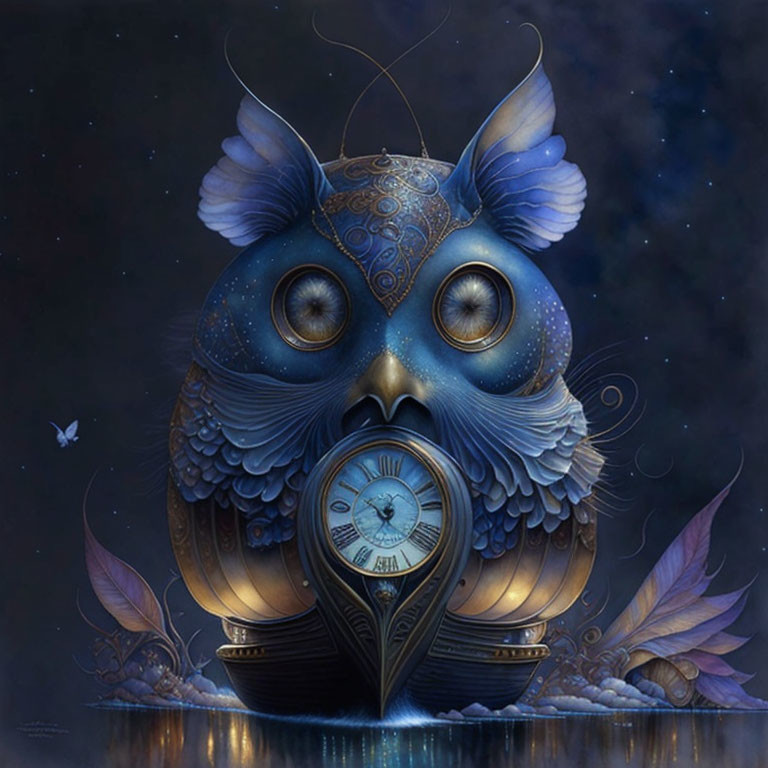 Fantasy owl with clock on torso in starry night scene