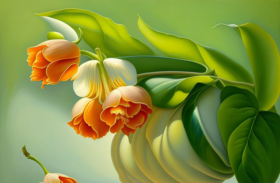 Vibrant orange flowers on lush green backdrop with stylized curves