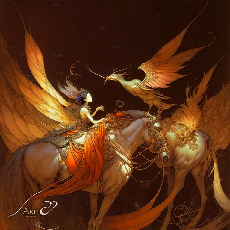 Mystical winged woman on horse with phoenix-like bird in dark setting