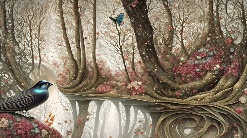 Whimsical forest scene with vibrant flora and bird perched on branch