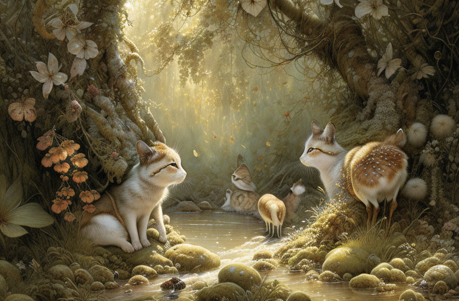 Enchanting forest scene with fawn, rabbits, and kitten in dappled sunlight