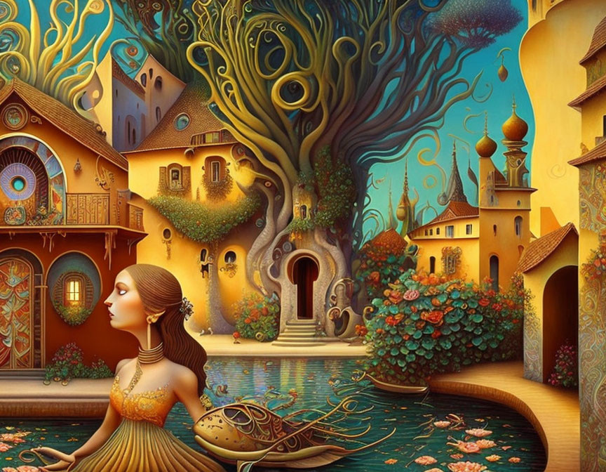 Vibrant surreal artwork: woman, flowing hair, tree, houses, waterway, lilies