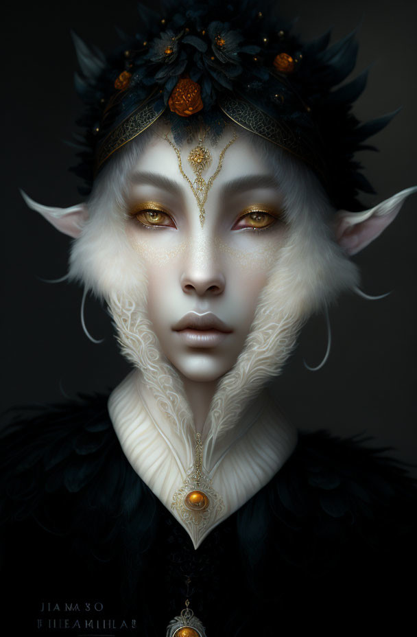 Fantasy portrait featuring character with elven ears, white facial tattoos, golden eyes, and ornate