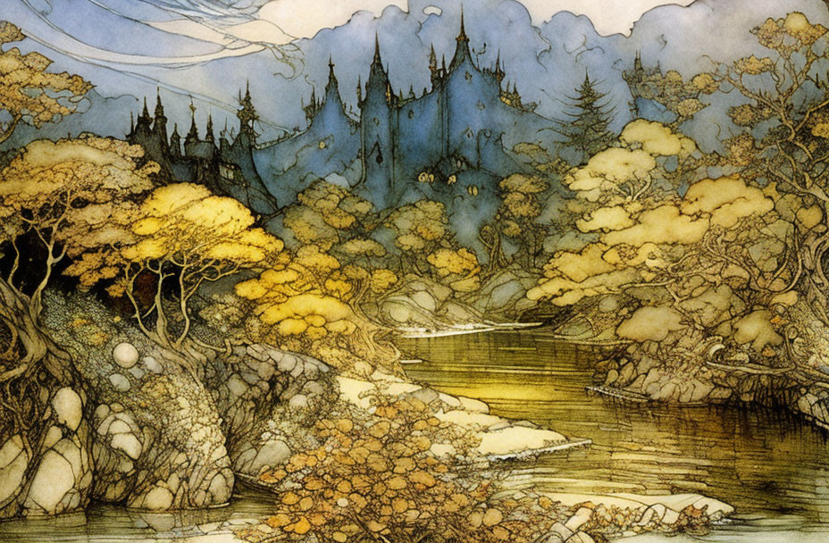 Fantastical landscape with river, golden trees, and dark castle