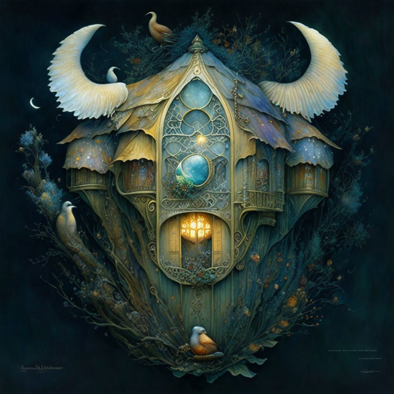 Illuminated treehouse with crescent moons, wings, and birds in mystical nighttime setting