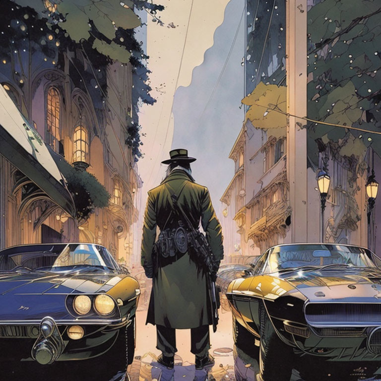 Person in trench coat and hat between classic cars on vintage snowy city street