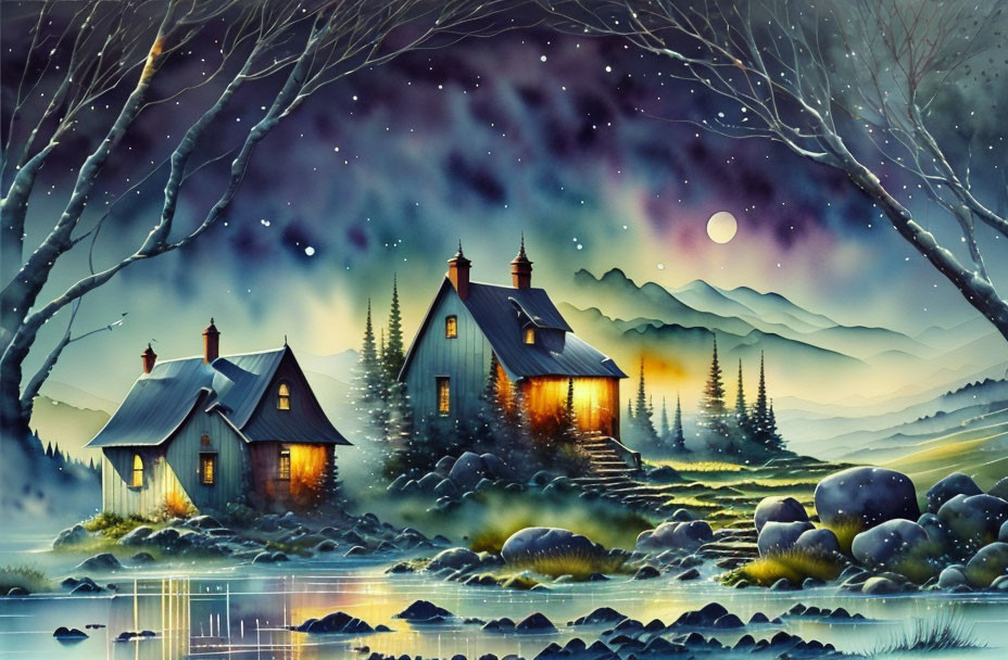 Snowy lakeside cottages under starry sky.