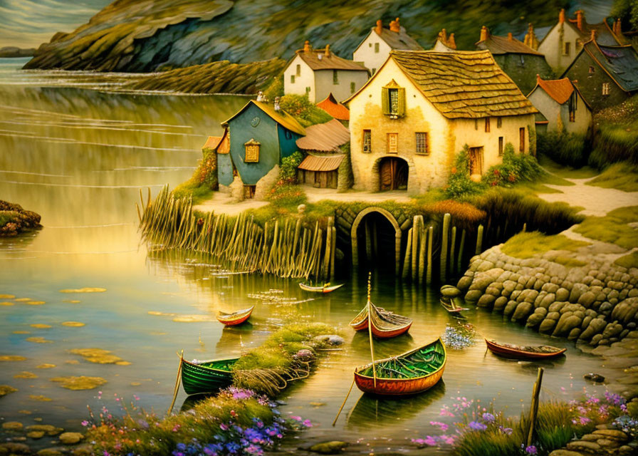 Tranquil village scene with colorful houses and boats by water's edge