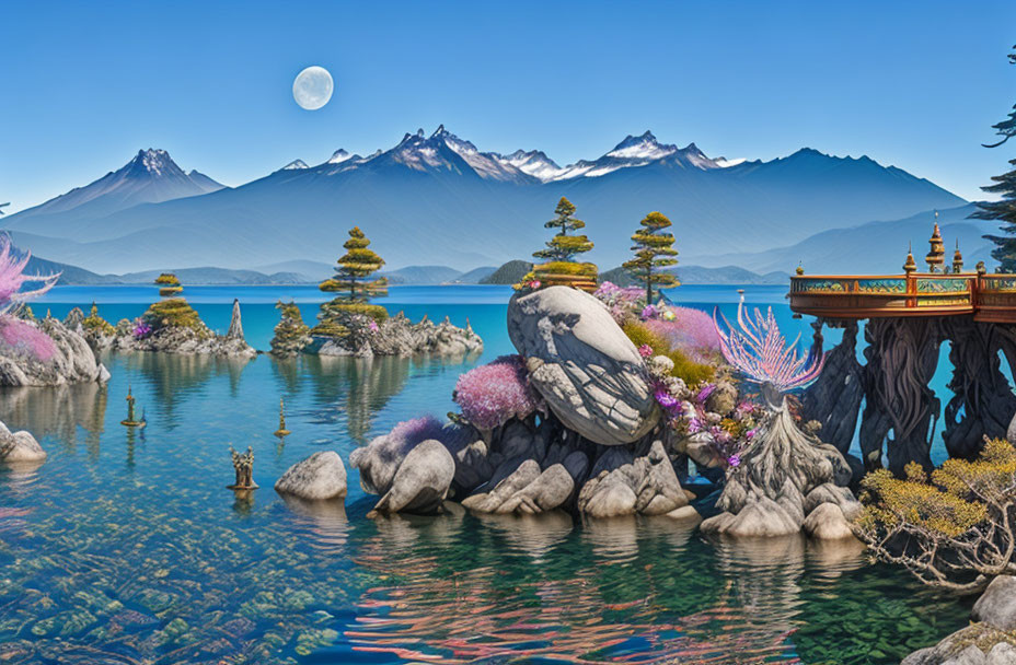 Tranquil lake landscape with wooden terrace, colorful flora, snowy mountains, and daytime moon