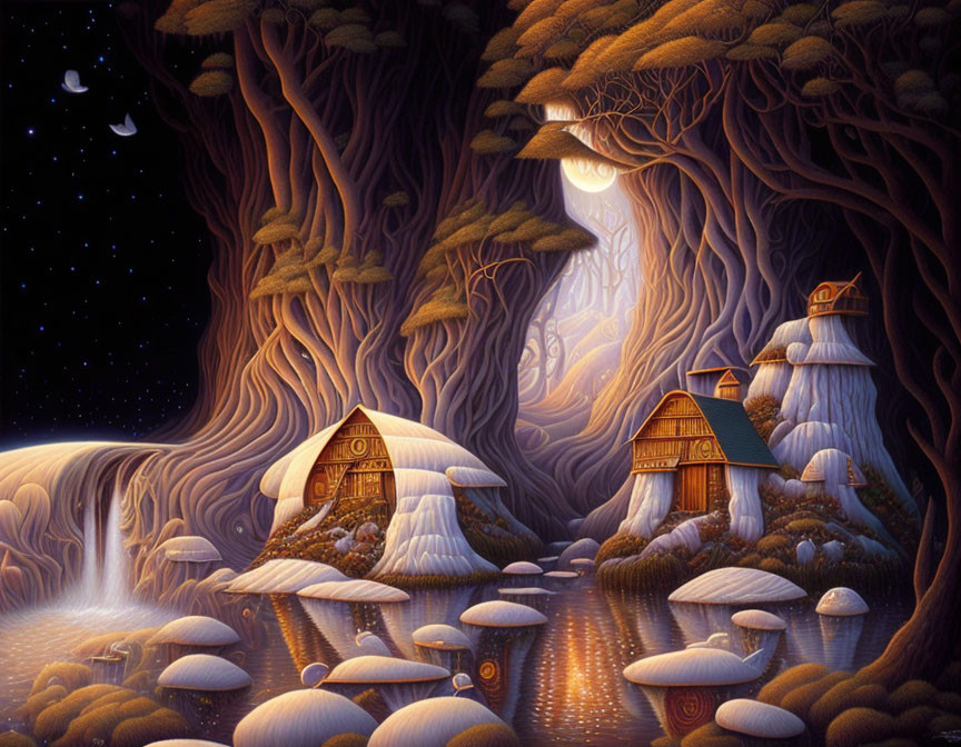 Fantasy landscape: treehouses, giant mushrooms, waterfall under starry sky