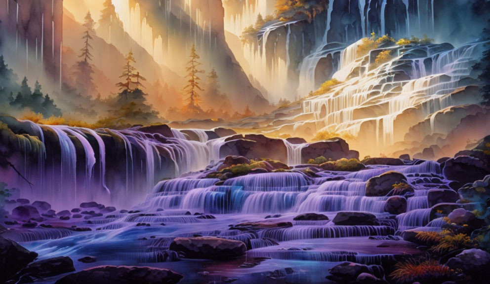 Ethereal Landscape with Waterfalls, Streams, and Sunbeams