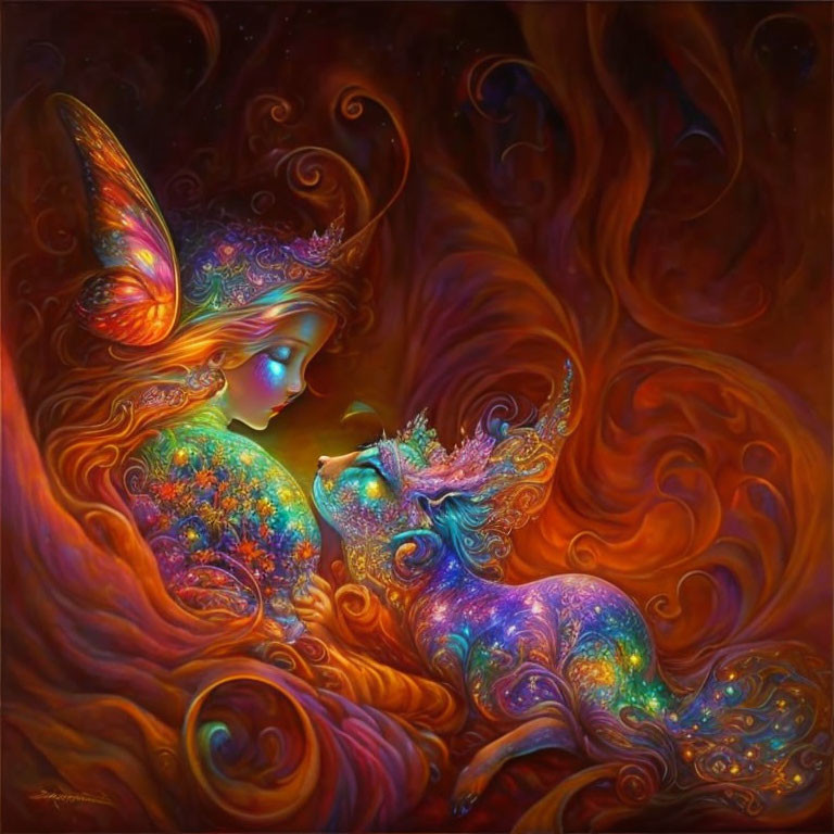 Fantasy image of ethereal fairy and ornate unicorn in colorful swirls