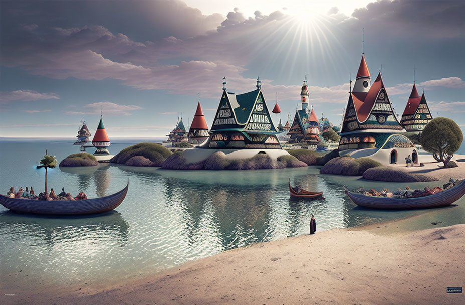 Whimsical fantasy landscape with houses on islands and calm waters