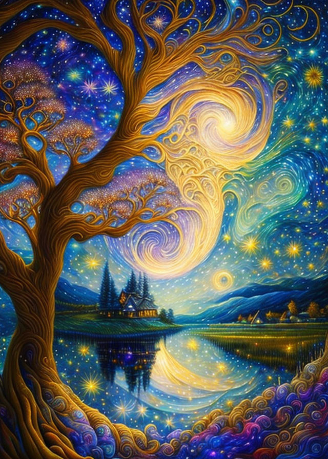 Vibrant stylized tree painting in serene night landscape