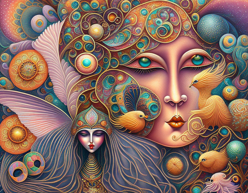 Colorful psychedelic illustration of a woman's face with swirling patterns and bird motifs