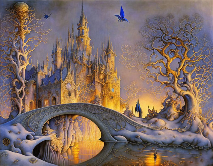 Fantastical landscape with golden castle, intricate trees, stylized bridge, and flying creatures under twilight