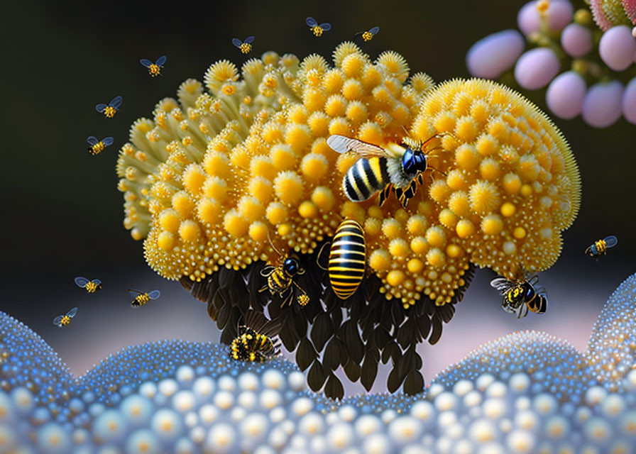 Stylized bees on vibrant yellow plants in digital artwork