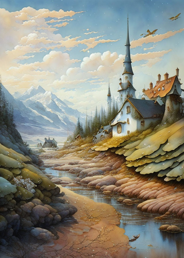 Fairytale village painting with quaint houses and church tower in vibrant landscape