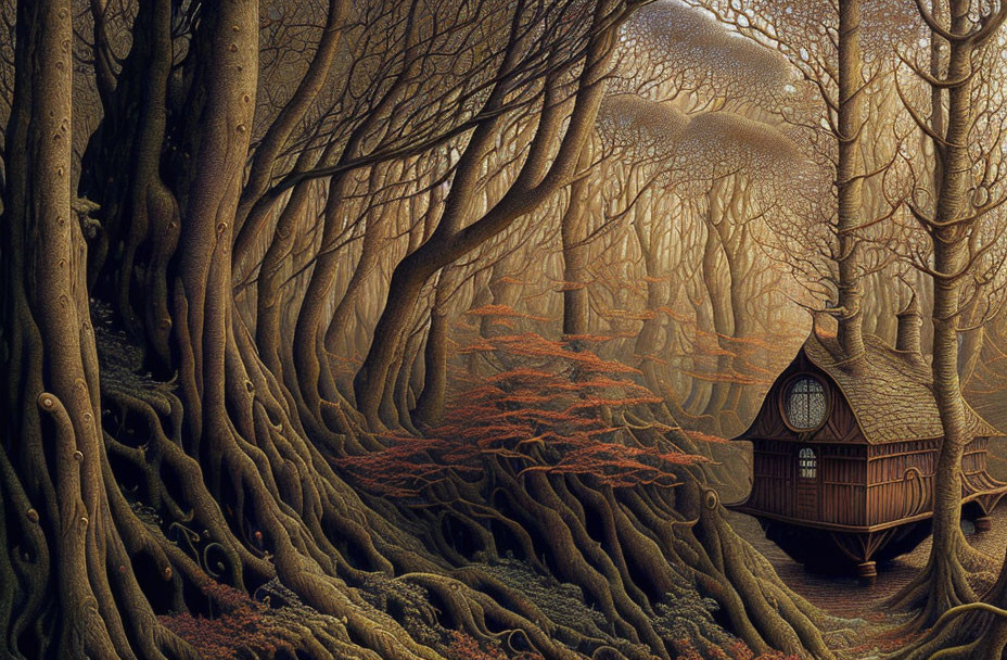 Twisted tree roots surround a quaint wooden house in an enchanting forest