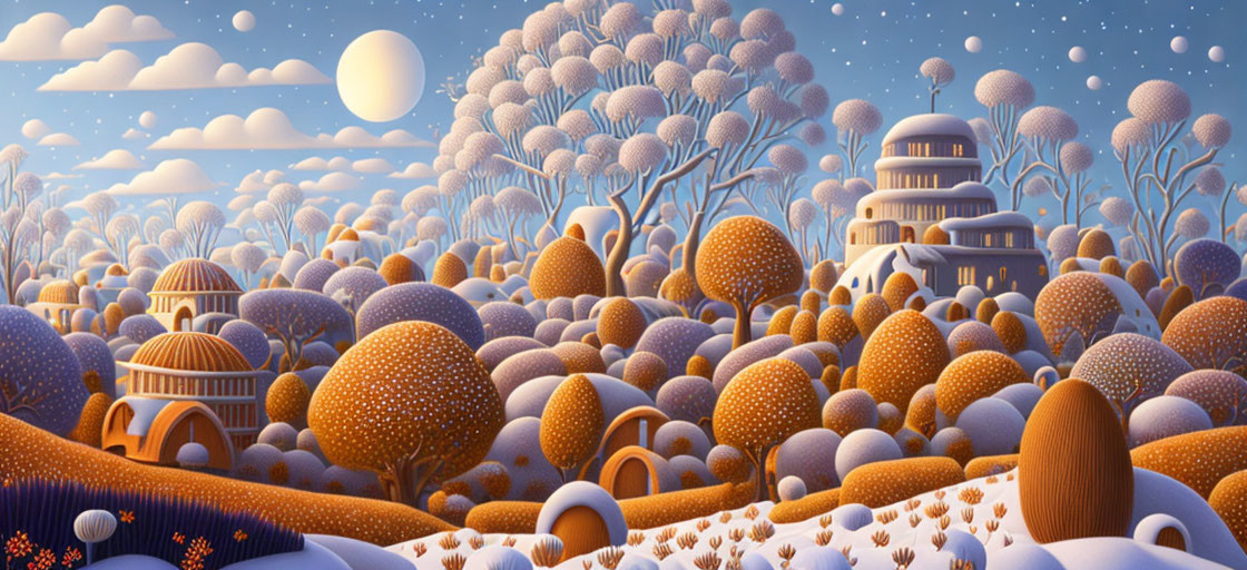 Whimsical orange tree landscape with domed buildings and moon