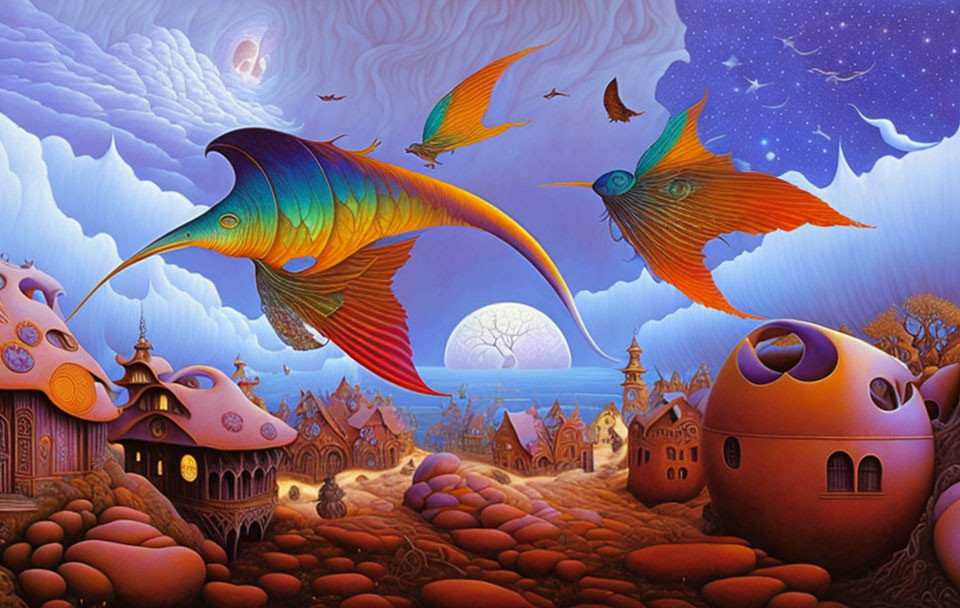 Fantastical painting of flying fish with wings over whimsical round houses