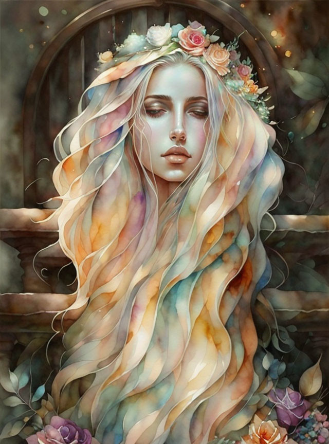 Illustration of woman with multicolored hair and floral wreath in whimsical setting