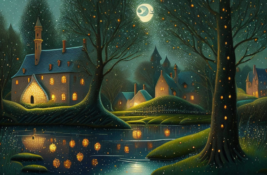 Nighttime village scene with glowing cottages, serene river, starlit sky, crescent moon,