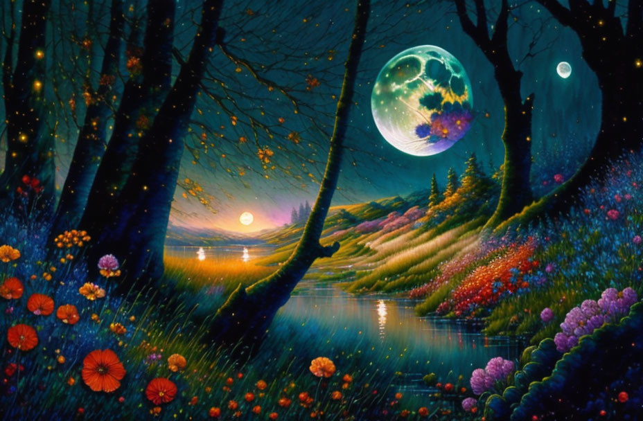 Colorful Fantasy Landscape Painting with Glowing Moon and Luminous River