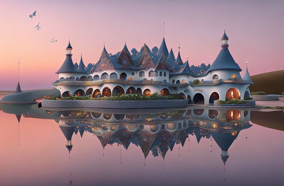 Ornate spired palace reflecting in tranquil waters at dusk