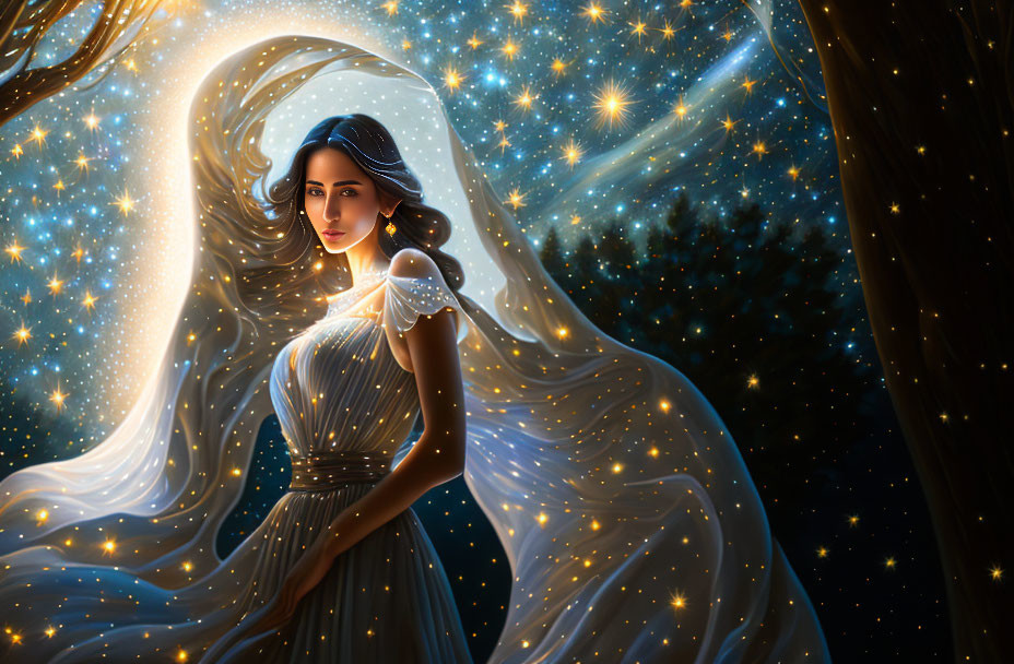 Mystical woman in ethereal gown under starry night sky