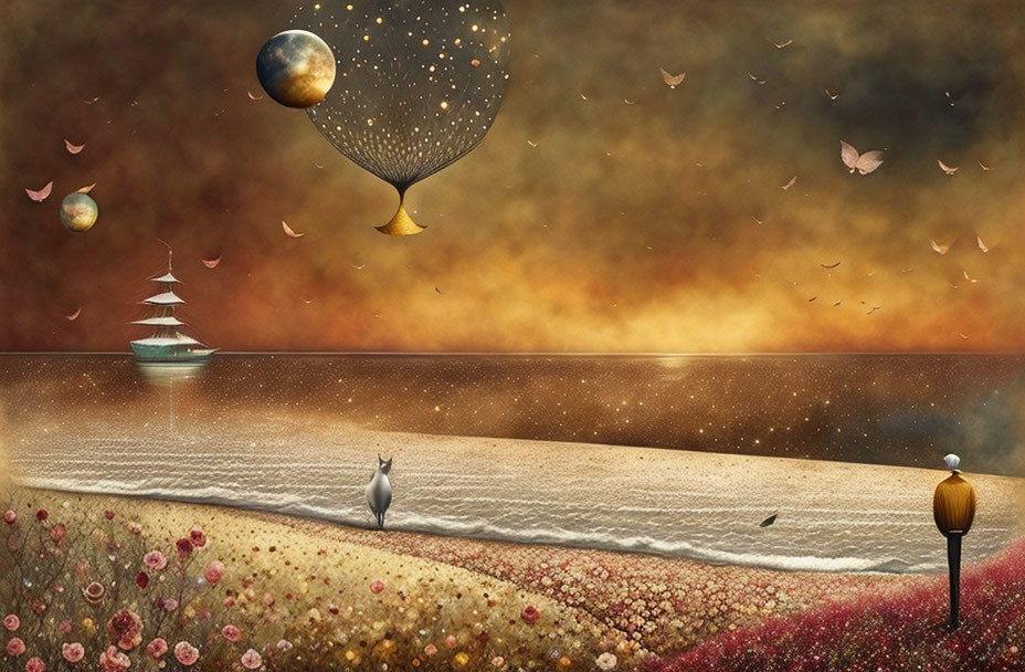 Whimsical cat art with ship, floating islands, balloon, roses, amber sky