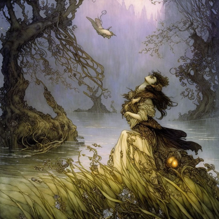 Woman in flowing dress by water's edge with bird in flight and purple light.