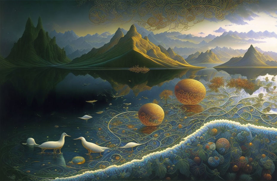 Ornate Swans and Fantasy Landscape with Reflective Lake