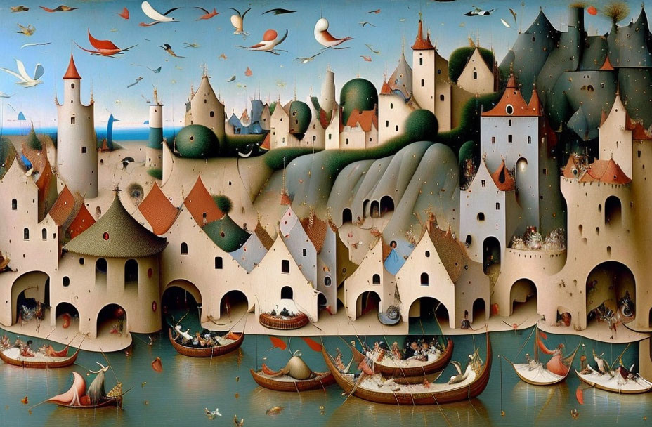 Fantastical Renaissance-style landscape with whimsical buildings and people.