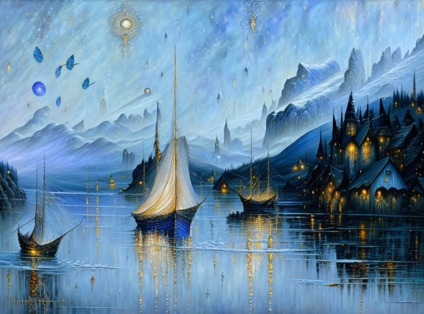 Fantastical landscape with sailing ships, illuminated buildings, mountains, starry sky & floating islands.