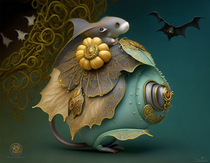 Illustration of mouse in golden armor on ornate sphere with bat.