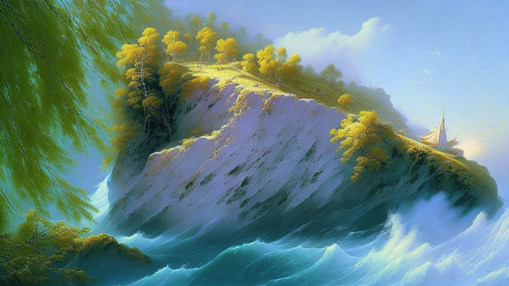 Tranquil sailboat near cliff with autumn trees and birds