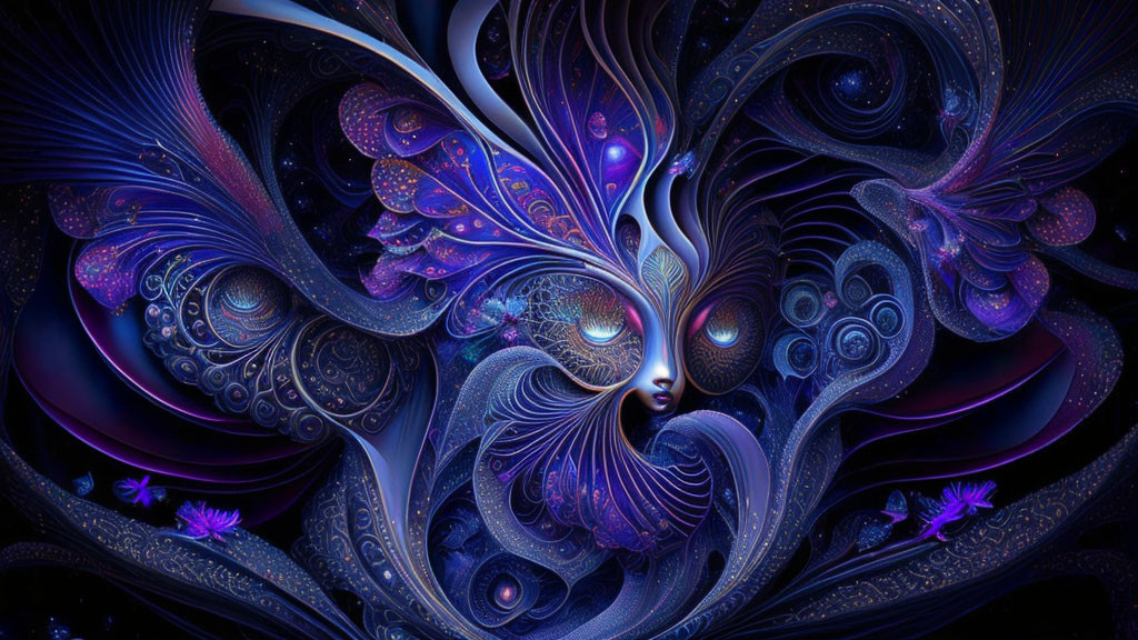 Ethereal face with intricate blue, purple, and pink patterns