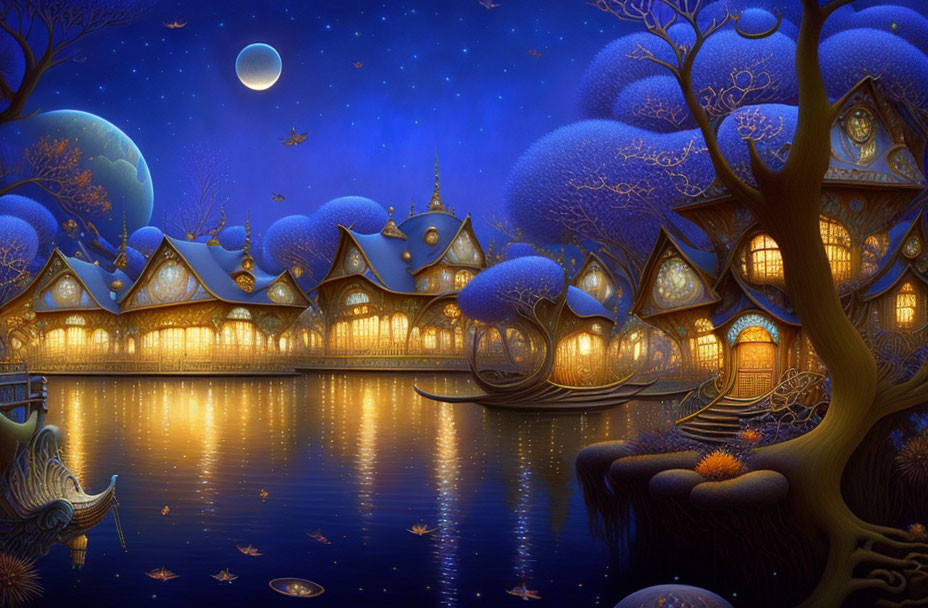 Fantastical night scene: luminescent blue trees, whimsical architecture, gondola on