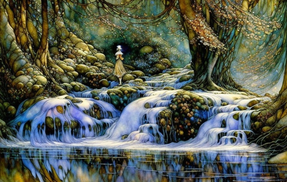 Fantasy landscape with figure by water stream and vibrant flora